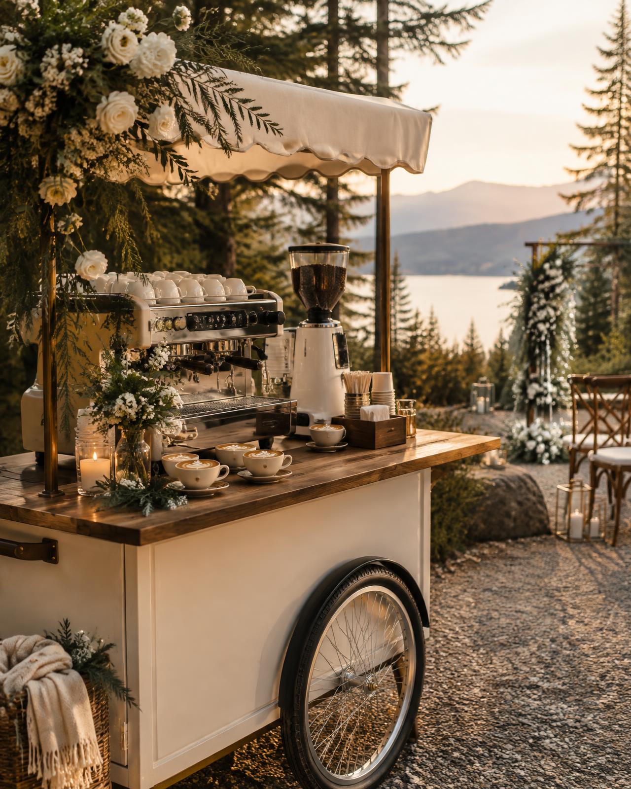 Ground in Joy espresso cart set up at an outdoor wedding among evergreens