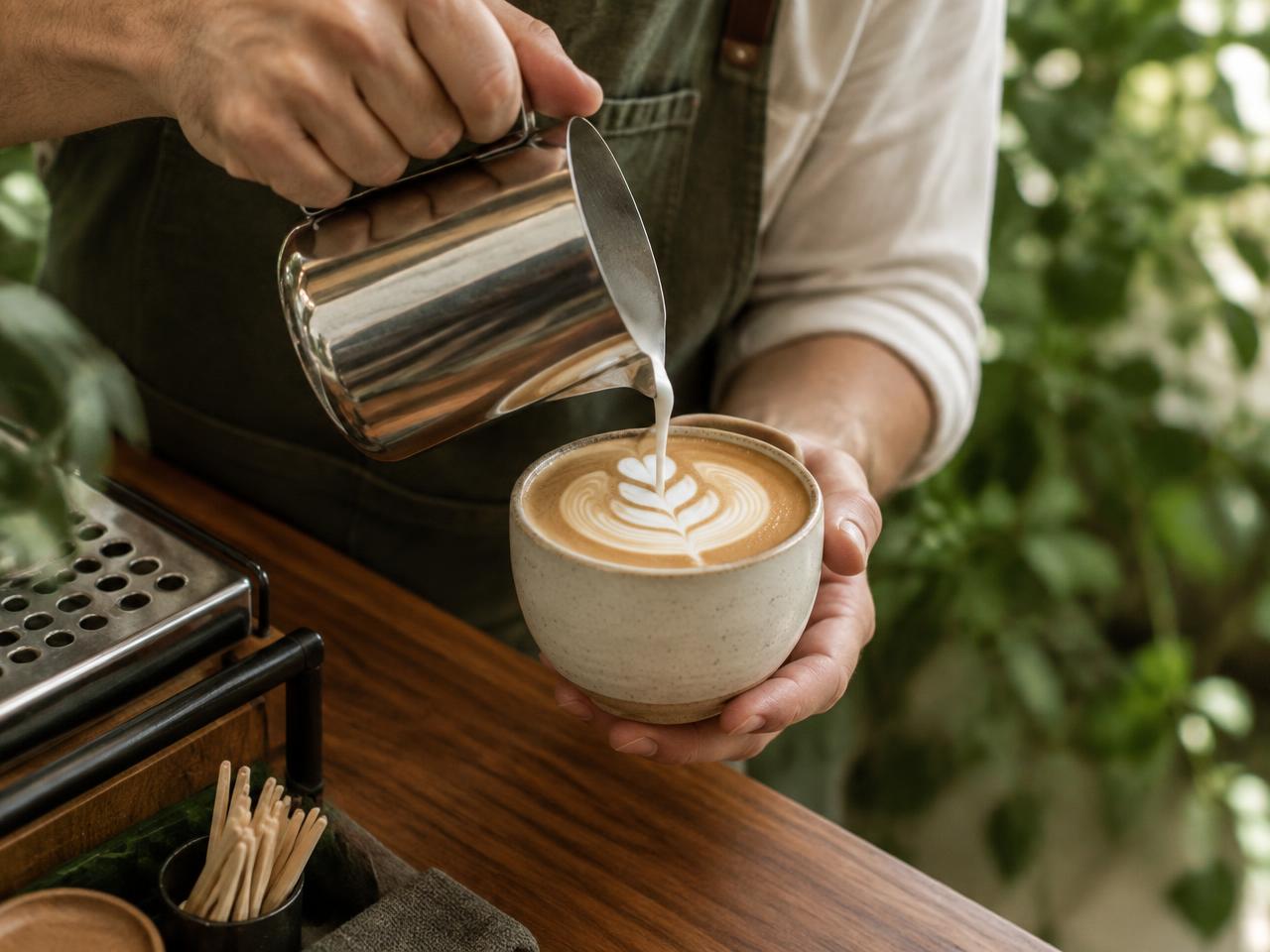 Barista pouring latte art into a ceramic cup